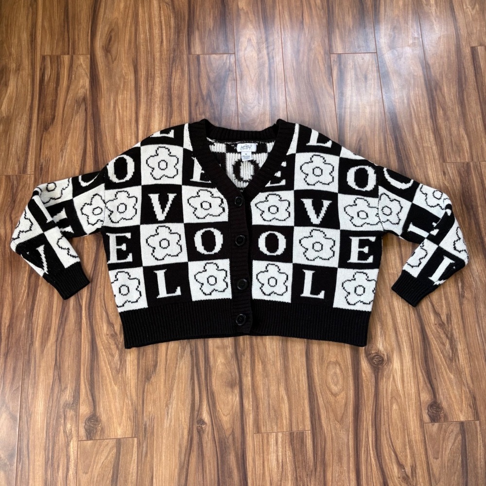 Just Polly NY Checkerboard Cardigan LOVE Floral Graphic Knit M‎